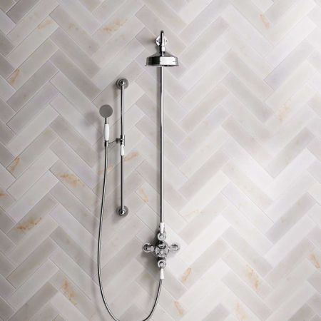 Calder Dual Outlet Shower Kit - Exposed Valve - 8 or 6 inch Rose - White Ceramic Lever - Handshower Mounted on Riser-Rail