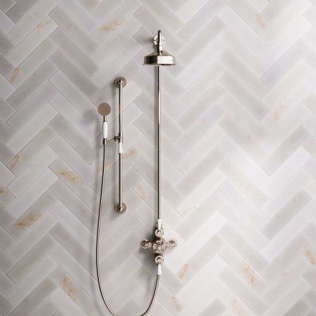 Linton Dual Outlet Exposed Valve with Slider Rail, 6" Rose & White Levers in Polished Nickel