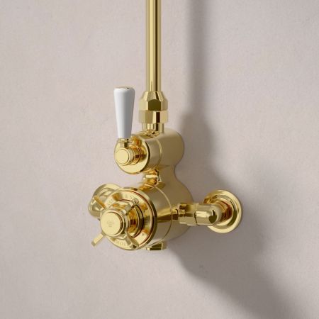 Calder Exposed Shower Valve with Rigid Riser and 8 Inch Rose - White Lever - Living Brass