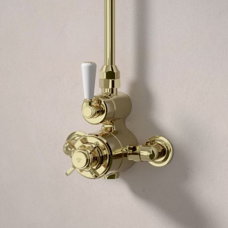 Calder Exposed Shower Valve with Rigid Riser and 6 Inch Rose - White Lever - Timeless Brass