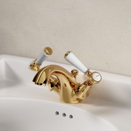 Linton Classic White Lever Monobloc Basin Mixer Living Brass