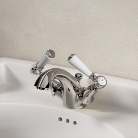 Linton Classic Monobloc Basin Mixer with Pop Up Waste & White Levers - Polished Nickel
