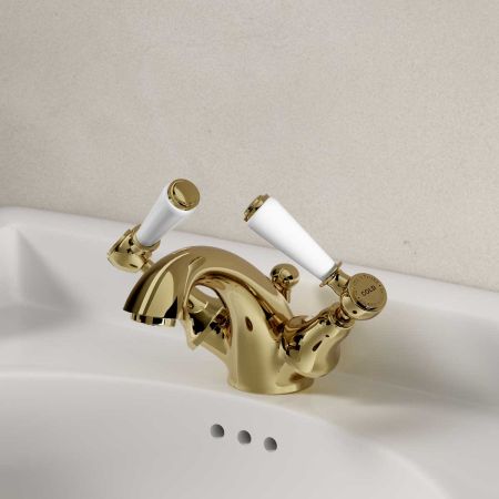 Linton White Lever Monobloc Basin Mixer Timeless Brass