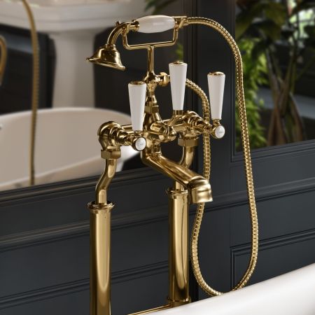 Linton Classic Floor Mounted 2 Hole Bath Shower Mixer with Standpipes - White Lever