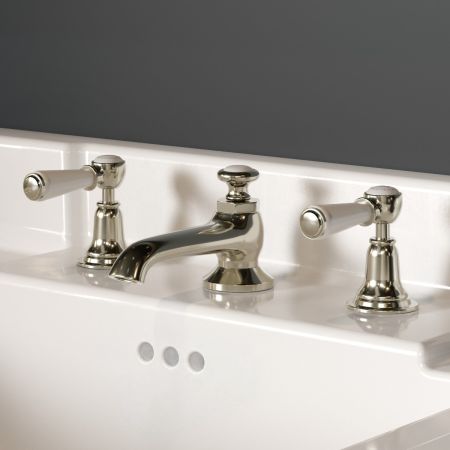 Linton Classic Deck Mounted 3 Hole Basin Mixer with Pop Up Waste - White Lever & Ceramics - Polished Nickel