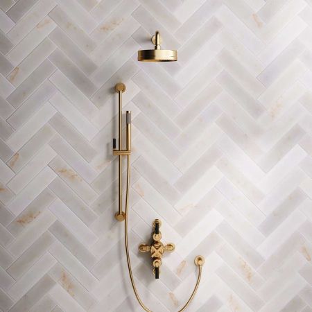 Bayor Dual Outlet Semi Exposed Shower with Slider Rail, 500mm Wall Arm, 8" Rose & Black Levers in Brushed Brass