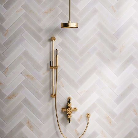 Bayor Dual Outlet Semi Exposed Shower with Slider Rail, with 210mm Ceiling Arm, 8" Rose & Black Levers in Brushed Brass
