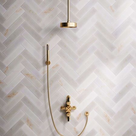 Bayor Dual Outlet Semi Exposed Shower with Handshower Hook, 210mm Ceiling Arm, 8" Rose & Black Levers in Brushed Brass