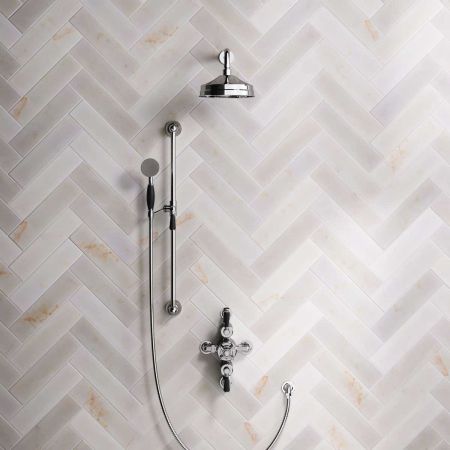 Linton Dual Outlet Semi Exposed Shower with Slider Rail, 300mm Wall Arm, 8" Rose & Black Levers in Chrome