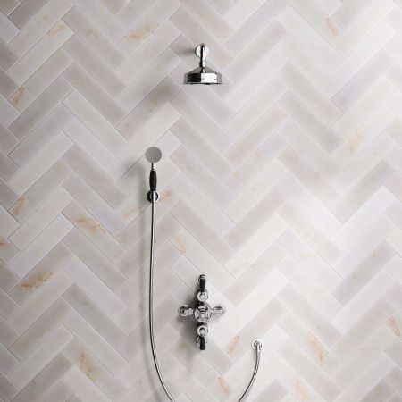 Linton Dual Outlet Semi Exposed Shower with Handshower Hook. 300mm Wall Arm, 6" Rose & Black Levers in Chrome