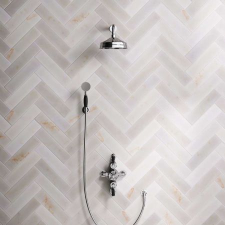 Linton Dual Outlet Semi Exposed Shower with Handshower Hook. 300mm Wall Arm, 8" Rose & Black Levers in Chrome