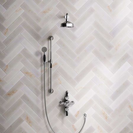 Linton Dual Outlet Semi Exposed Shower with Slider Rail, 500mm Wall Arm, 6" Rose & Black Levers in Chrome