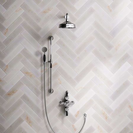 Linton Dual Outlet Semi Exposed Shower with Slider Rail, 500mm Wall Arm, 8" Rose & Black Levers in Chrome