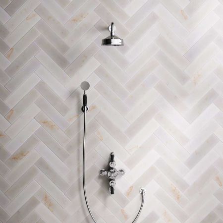 Linton Dual Outlet Semi Exposed Shower with Handshower Hook. 500mm Wall Arm, 6" Rose & Black Levers in Chrome