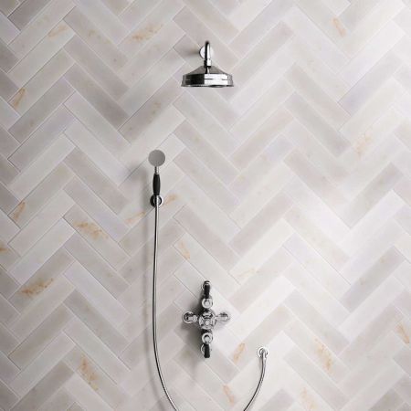 Linton Dual Outlet Semi Exposed Shower with Handshower Hook. 500mm Wall Arm, 8" Rose & Black Levers in Chrome