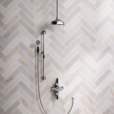 Linton Dual Outlet Semi Exposed Shower with Slider Rail, 210mm Ceiling Arm, 8" Rose & Black Levers in Chrome