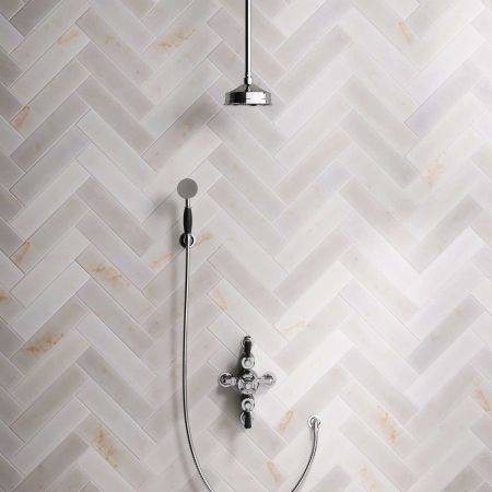 Linton Dual Outlet Semi Exposed Shower with Handshower Hook. 210mm Ceiling Arm, 6" Rose & Black Levers in Chrome