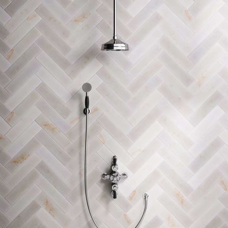 Linton Dual Outlet Semi Exposed Shower with Handshower Hook. 210mm Ceiling Arm, 8" Rose & Black Levers in Chrome