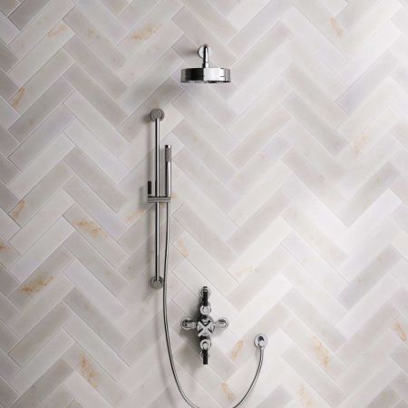 Bayor Dual Outlet Semi Exposed Shower with Slider Rail, 300mm Wall Arm, 8" Rose & Black Levers in Chrome