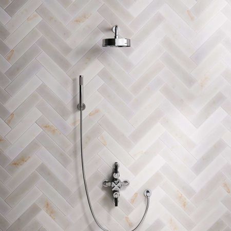 Bayor Dual Outlet Semi Exposed Shower with Handshower Hook, 300mm Wall Arm, 8" Rose & Black Levers in Chrome