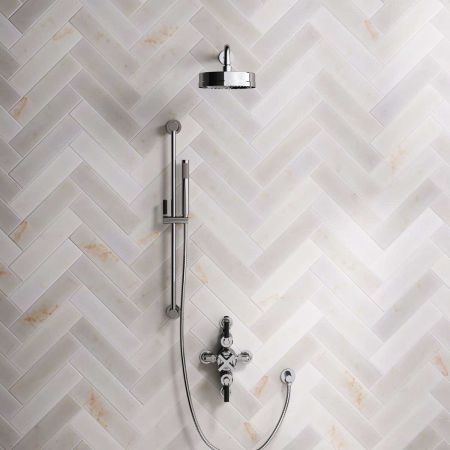 Bayor Dual Outlet Semi Exposed Shower with Slider Rail, 500mm Wall Arm, 8" Rose & Black Levers in Chrome