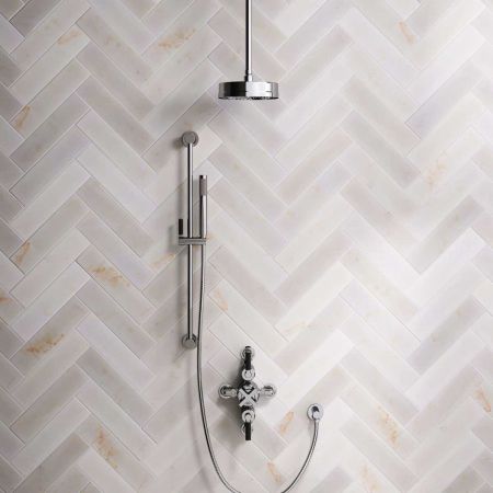 Bayor Dual Outlet Semi Exposed Shower with Slider Rail, with 210mm Ceiling Arm, 8" Rose & Black Levers in Chrome