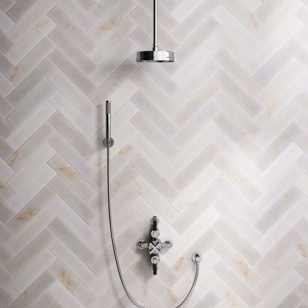 Bayor Dual Outlet Semi Exposed Shower with Handshower Hook, 210mm Ceiling Arm, 8" Rose & Black Levers in Chrome