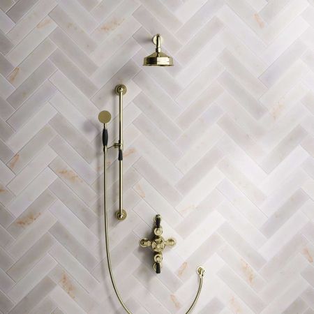 Calder Dual Outlet Shower Kit - Semi-Exposed Valve - 6 inch Rose - Black Ceramic Lever - Handshower Slider-Rail - Timeless Brass