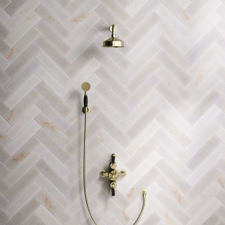 Calder Dual Outlet Shower Kit - Semi-Exposed Valve - 6 inch Rose - Black Ceramic Lever - Handshower Hook - Timeless Brass