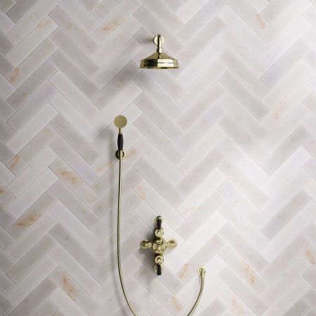 Calder Dual Outlet Shower Kit - Semi-Exposed Valve - 8 inch Rose - Black Ceramic Lever - Handshower Hook - Timeless Brass