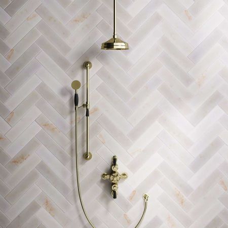 Calder Dual Outlet Shower Kit - Semi-Exposed Valve - 8 inch Rose - Black Ceramic Lever - Handshower Slider-Rail - Ceiling Mounted Rose - Timeless Brass