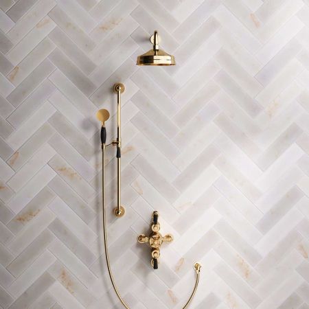 Calder Dual Outlet Shower Kit - Semi-Exposed Valve - 8 inch Rose - Black Ceramic Lever - Handshower Slider-Rail - Living Brass
