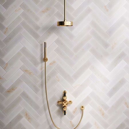 Bayor Dual Outlet Semi Exposed Shower with Handshower Hook, 210mm Ceiling Arm, 8" Rose & Black Levers in Living Brass
