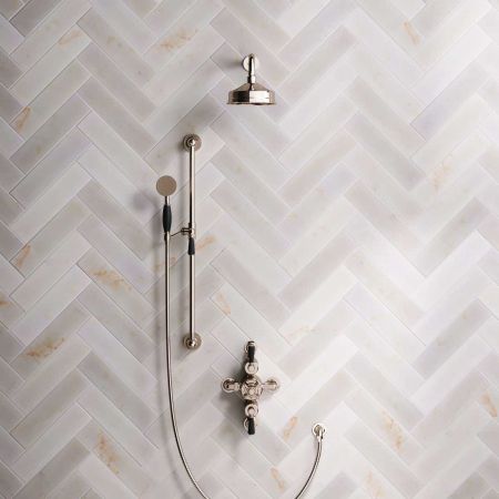 Linton Dual Outlet Semi Exposed Shower with Slider Rail, 300mm Wall Arm, 6" Rose & Black Levers in Polished Nickel