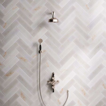 Linton Dual Outlet Semi Exposed Shower with Handshower Hook. 300mm Wall Arm, 6" Rose & Black Levers in Polished Nickel