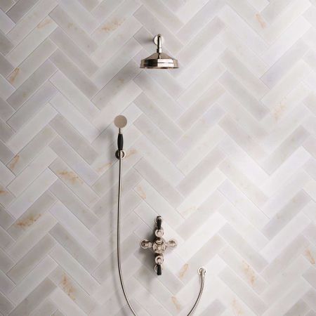 Linton Dual Outlet Semi Exposed Shower with Handshower Hook. 300mm Wall Arm, 8" Rose & Black Levers in Polished Nickel