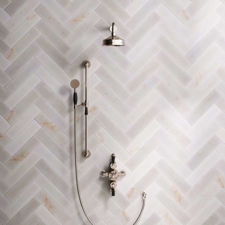 Linton Dual Outlet Semi Exposed Shower with Slider Rail, 500mm Wall Arm, 6" Rose & Black Levers in Polished Nickel