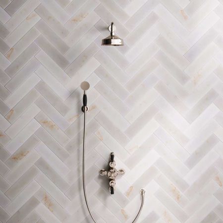 Linton Dual Outlet Semi Exposed Shower with Handshower Hook. 500mm Wall Arm, 6" Rose & Black Levers in Polished Nickel