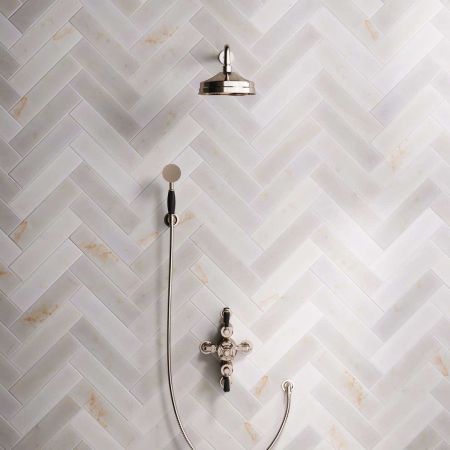 Linton Dual Outlet Semi Exposed Shower with Handshower Hook. 500mm Wall Arm, 8" Rose & Black Levers in Polished Nickel