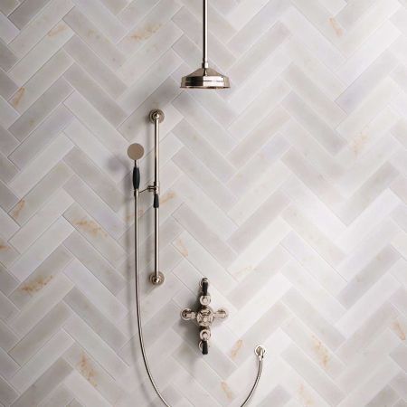 Linton Dual Outlet Semi Exposed Shower with Slider Rail, 210mm Ceiling Arm, 8" Rose & Black Levers in Polished Nickel