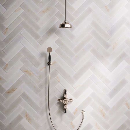 Linton Dual Outlet Semi Exposed Shower with Handshower Hook. 210mm Ceiling Arm, 6" Rose & Black Levers in Polished Nickel