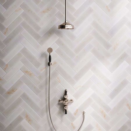 Linton Dual Outlet Semi Exposed Shower with Handshower Hook. 210mm Ceiling Arm, 8" Rose & Black Levers in Polished Nickel