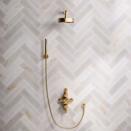 Bayor Dual Outlet Semi Exposed Shower with Handshower Hook, 300mm Wall Arm, 8" Rose & Metal Levers in Brushed Brass