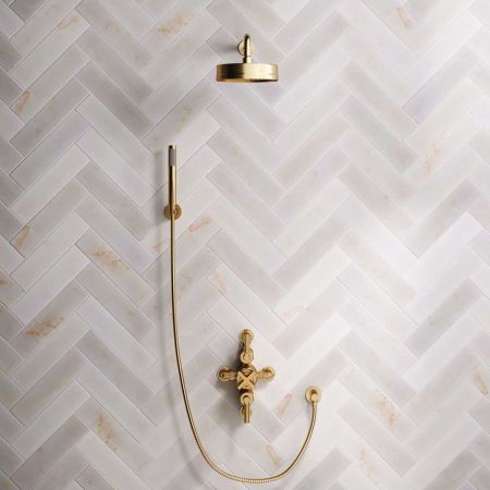 Bayor Dual Outlet Semi Exposed Shower with Handshower Hook, 500mm Wall Arm, 8" Rose in Metal Levers in Brushed Brass