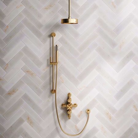 Bayor Dual Outlet Semi Exposed Shower with Slider Rail, with 210mm Ceiling Arm, 8" Rose & Metal Levers in Brushed Brass