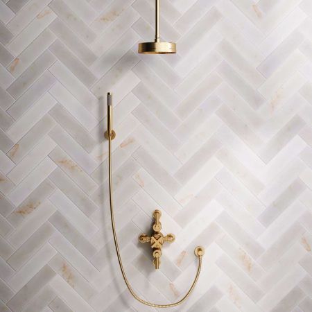 Bayor Dual Outlet Semi Exposed Shower with Handshower Hook, 210mm Ceiling Arm, 8" Rose & Metal Levers in Brushed Brass