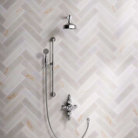 Linton Dual Outlet Semi Exposed Shower with Slider Rail, 300mm Wall Arm, 6" Rose & Metal Levers in Chrome