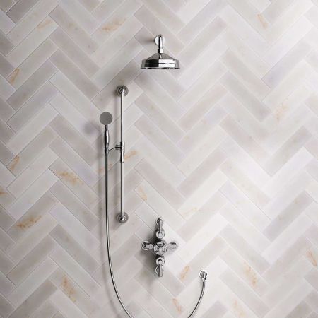 Linton Dual Outlet Semi Exposed Shower with Slider Rail, 300mm Wall Arm, 8" Rose & Metal Levers in Chrome