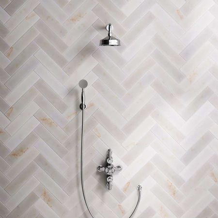 Linton Dual Outlet Semi Exposed Shower with Handshower Hook, 300mm Wall Arm, 6" Rose & White Levers in Chrome