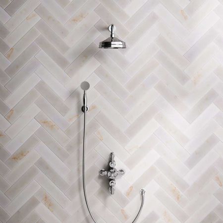 Linton Dual Outlet Semi Exposed Shower with Handshower Hook, 300mm Wall Arm, 8" Rose & White Levers in Chrome
